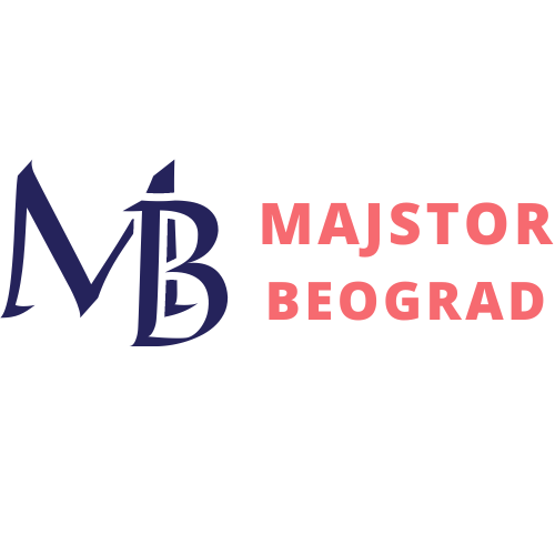 Logo Majstor Beograd - dva velika inicijala MB tamno plave boje pored koga stoji pun naziv firme "MAJSTOR BEOGRAD" crvenkaste boje