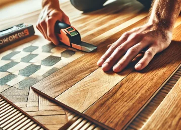 Na slici se vide ruke majstora parketara koji postavlja parket