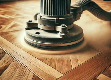 Na slici se vidi mašina za hoblovanje u krupnom planu kako hobluje parket